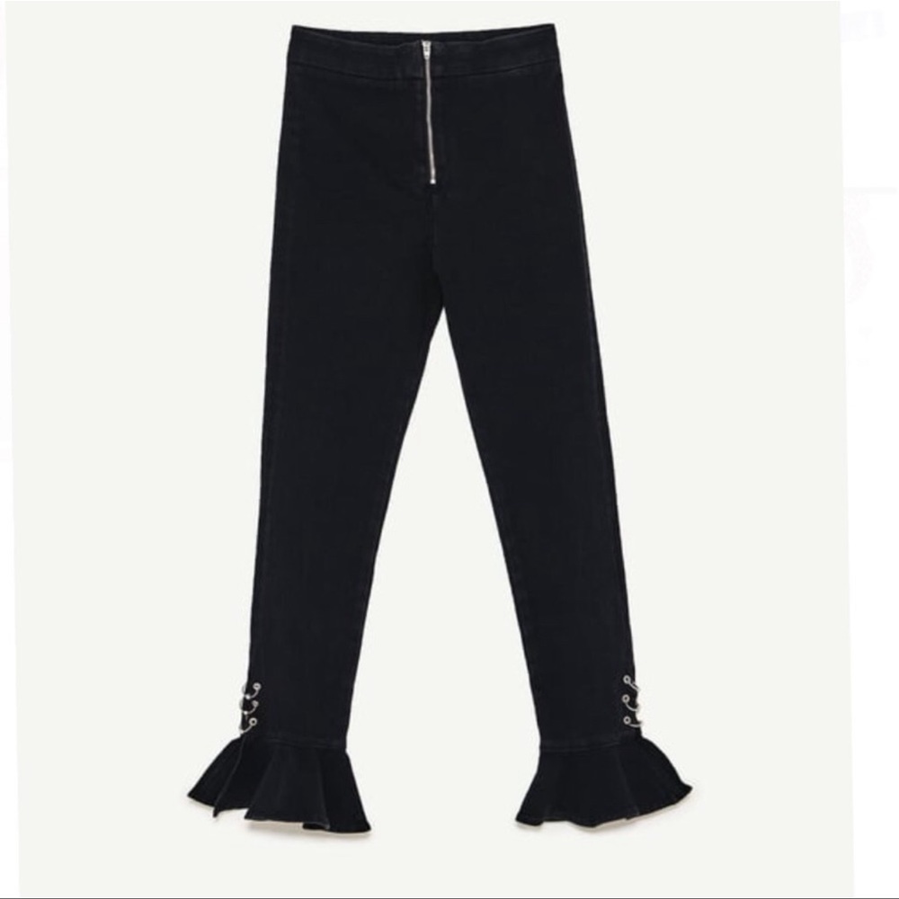 Zara black denim mini flair jeans with metal rings at the bottom - Picture 6 of 10